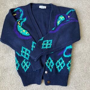Navy Cardigan with Teal and Purple paisley pattern